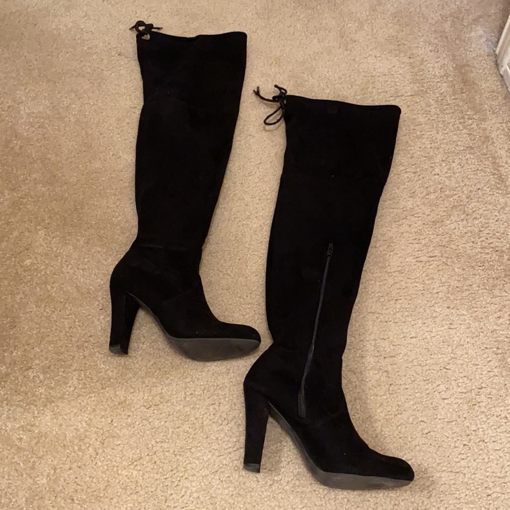 Faux suede over-the-knee boot ties in back